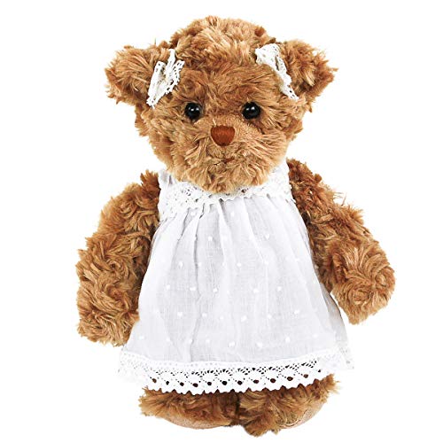 Bukowski Oso de peluche Hedvig marrón con vestido blanco, 25 cm, juguete para niños