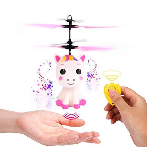 BUNRUN Juguete de Unicornio Volador con luz LED Juguete de helicóptero de Unicornio controlado a Mano