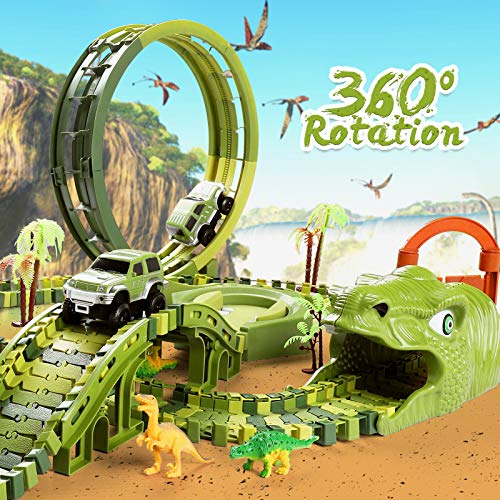 burgkidz Juego de Juguetes de Pistas De Carreras de Dinosaurios, 387 Piezas de Vías de Tren de Dinosaurios Flexibles Con 2 Coches de Carreras y 6 Juguetes de Dinosaurios Para Niños