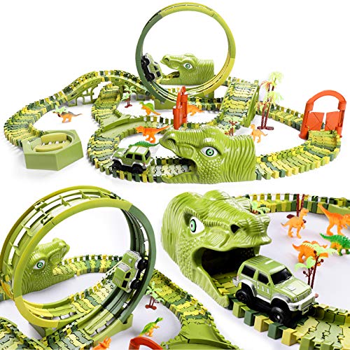 burgkidz Juego de Juguetes de Pistas De Carreras de Dinosaurios, 387 Piezas de Vías de Tren de Dinosaurios Flexibles Con 2 Coches de Carreras y 6 Juguetes de Dinosaurios Para Niños