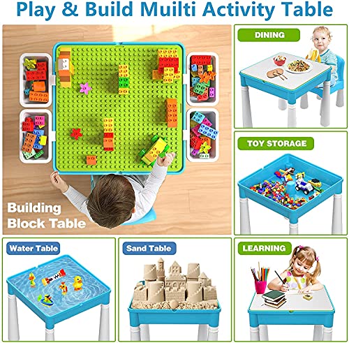 burgkidz Juego de Mesa Actividades Construccion Múltiples 5 en 1, Mesa y Silla Infantil con Bloques de Construcción Grandes de 128 Piezas, Juegos de Construcción para Niños, Azul