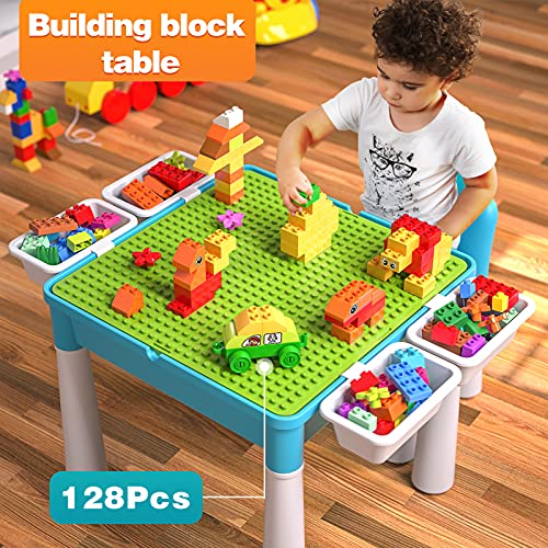 burgkidz Juego de Mesa Actividades Construccion Múltiples 5 en 1, Mesa y Silla Infantil con Bloques de Construcción Grandes de 128 Piezas, Juegos de Construcción para Niños, Azul