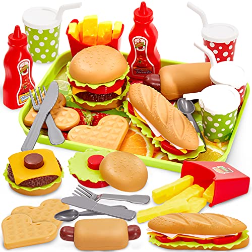 BUYGER Hamburguesa Comida Juguetes, Accesorios Cocina Alimentos Juguetes con Bandeja Vajilla Juego de rol Regalos para Niños y Niñas