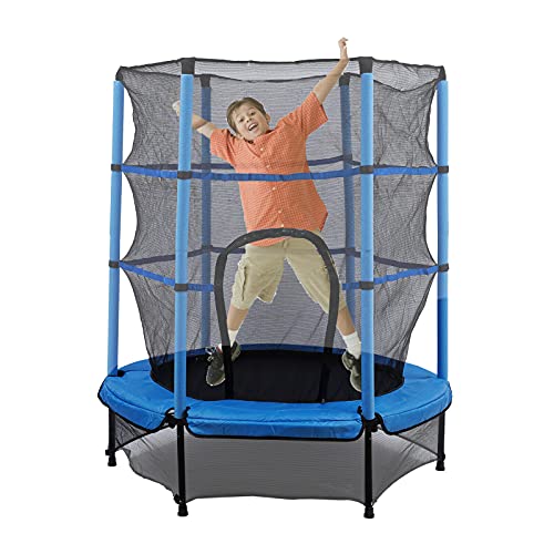 Cama elástica para niños de jardín, 55 pulgadas, mini cama elástica de exterior e interior, con red de seguridad, plegable, cama infantil 140 cm, máximo 50 kg, buenas herramientas de ejercicio (azul)