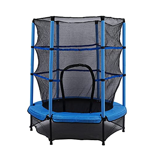 Cama elástica para niños de jardín, 55 pulgadas, mini cama elástica de exterior e interior, con red de seguridad, plegable, cama infantil 140 cm, máximo 50 kg, buenas herramientas de ejercicio (azul)