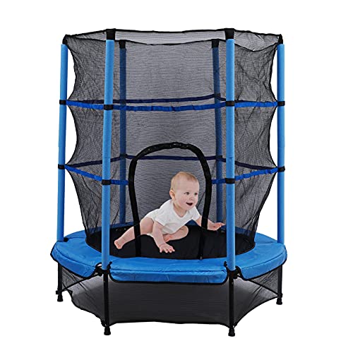 Cama elástica para niños de jardín, 55 pulgadas, mini cama elástica de exterior e interior, con red de seguridad, plegable, cama infantil 140 cm, máximo 50 kg, buenas herramientas de ejercicio (azul)