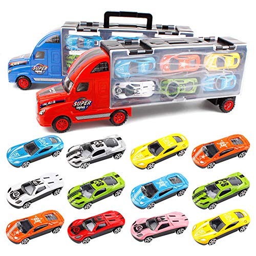 Camión de Transporte Transportador de Automóviles con 12 Coches Maletín portacoches Juguete para Niños y Niñas (rojo)