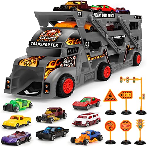 Camion Transportador de Coches con 8 Coches Pequeños, Regalo Coches Juguetes para Niños (Negro)