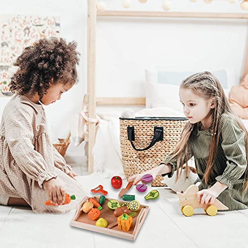 CARLORBO Juguetes de Madera Comida para niños Cocina -Jugar Comida Cortar Frutas y Verduras Preparado para Juegos de rol de simulación,Regalo para niños pequeños a Partir de 3 años