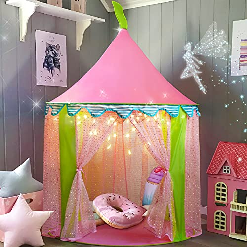 Carpa para niños + Luces de una Estrella Castillo de Princesa para niñas- Glitter Castle Pop Up Play Carpa Tote Bag - Niños Playhouse Toy para Juegos de Interior y Exterior 41 "X 55" (DxH)