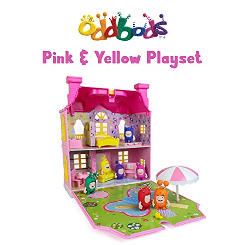 Casita Infantil Oddbods Rosa y Amarilla para Chicas - Incluye Espacios Interiores y Exteriores con Muebles y 7 Figuras con Detalles, para Mayores de 3 Años