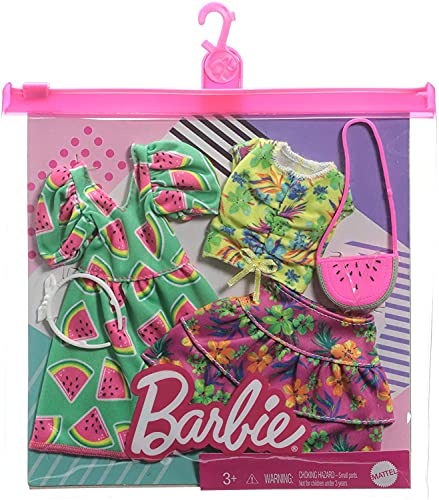 CDU Barbie Pack 2 Looks de Moda: Ropa y Accesorios de muñeca con Motivo de Fresas y Tropical (Mattel GRC85)