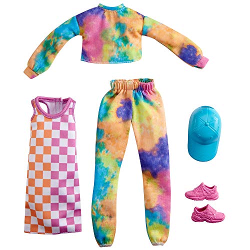 CDU Barbie Pack 2 looks de moda: ropa y accesorios de muñeca con motivo teñido tie dye y cuadros damas (Mattel GRC84)