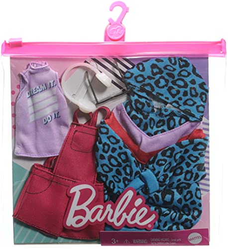 CDU Barbie Pack 2 looks de moda: ropa y accesorios de muñeca con peto y vestido sudadera de leopardo (Mattel GRC86)