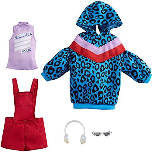 CDU Barbie Pack 2 looks de moda: ropa y accesorios de muñeca con peto y vestido sudadera de leopardo (Mattel GRC86)