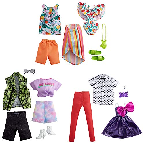 CDU Barbie y Ken Pack 2 Looks de Moda Tropical: Camiseta, Shorts, bañador, Pareo y Accesorios de Juguete (Mattel GRC96)