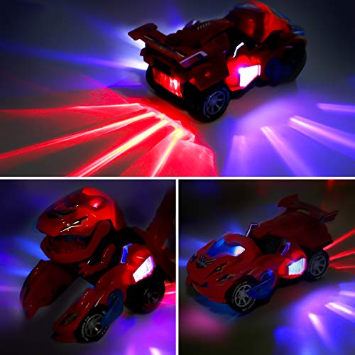 CestMall Coche de Dinosaurio Transformador con luz LED Música, Juguetes de Dinosaurio Coche con batería Rueda Universal Flexible Dinosaurio LED Coche para niños Juguetes para Regalos de cumpleaños