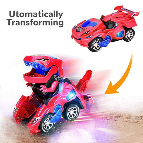 CestMall Coche de Dinosaurio Transformador con luz LED Música, Juguetes de Dinosaurio Coche con batería Rueda Universal Flexible Dinosaurio LED Coche para niños Juguetes para Regalos de cumpleaños