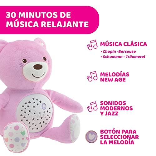 Chicco Baby Bear Oso Primeros Sueños de Peluche, Osito Proyector de Luces con Efectos Luminosos, Melodías Relajantes y Luz de Noche – Peluche para Bebés Recién Nacidos, Color Rosa