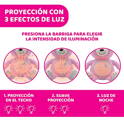 Chicco Baby Bear Oso Primeros Sueños de Peluche, Osito Proyector de Luces con Efectos Luminosos, Melodías Relajantes y Luz de Noche – Peluche para Bebés Recién Nacidos, Color Rosa