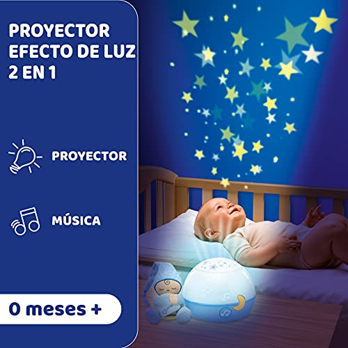 Chicco Buenas Noches Estrellitas Azul, Lámpara Bebé Multicolor con Luz Quitamiedos y Proyector de Estrellas, Proyector Infantil con Música Relajante y Peluche Extraíble – Juguetes Bebé 0+ Meses