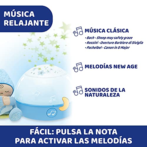 Chicco Buenas Noches Estrellitas Azul, Lámpara Bebé Multicolor con Luz Quitamiedos y Proyector de Estrellas, Proyector Infantil con Música Relajante y Peluche Extraíble – Juguetes Bebé 0+ Meses