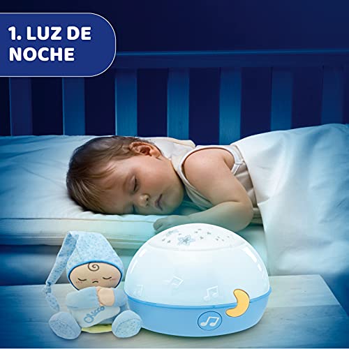 Chicco Buenas Noches Estrellitas Azul, Lámpara Bebé Multicolor con Luz Quitamiedos y Proyector de Estrellas, Proyector Infantil con Música Relajante y Peluche Extraíble – Juguetes Bebé 0+ Meses