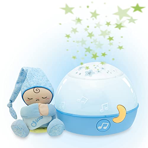 Chicco Buenas Noches Estrellitas Azul, Lámpara Bebé Multicolor con Luz Quitamiedos y Proyector de Estrellas, Proyector Infantil con Música Relajante y Peluche Extraíble – Juguetes Bebé 0+ Meses