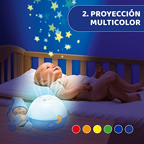 Chicco Buenas Noches Estrellitas Azul, Lámpara Bebé Multicolor con Luz Quitamiedos y Proyector de Estrellas, Proyector Infantil con Música Relajante y Peluche Extraíble – Juguetes Bebé 0+ Meses