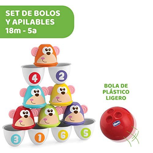 Chicco Monkey Strike Juego de Bolos para Niños con 6 Bolos Desmontables y Apilables en 12 Piezas con una Bola Ligera Incluida - Juguete de Bolos de Infantiles, Regalo para Niños de 18 Meses+