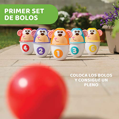 Chicco Monkey Strike Juego de Bolos para Niños con 6 Bolos Desmontables y Apilables en 12 Piezas con una Bola Ligera Incluida - Juguete de Bolos de Infantiles, Regalo para Niños de 18 Meses+