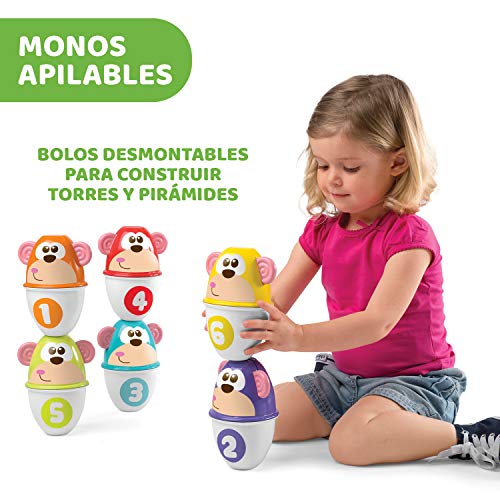 Chicco Monkey Strike Juego de Bolos para Niños con 6 Bolos Desmontables y Apilables en 12 Piezas con una Bola Ligera Incluida - Juguete de Bolos de Infantiles, Regalo para Niños de 18 Meses+