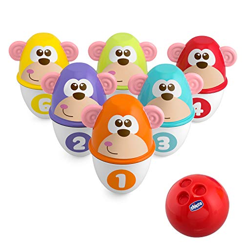 Chicco Monkey Strike Juego de Bolos para Niños con 6 Bolos Desmontables y Apilables en 12 Piezas con una Bola Ligera Incluida - Juguete de Bolos de Infantiles, Regalo para Niños de 18 Meses+