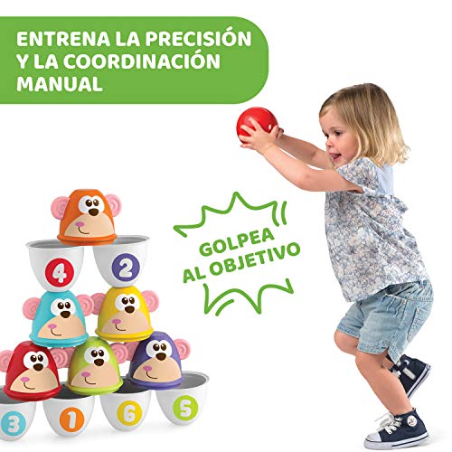 Chicco Monkey Strike Juego de Bolos para Niños con 6 Bolos Desmontables y Apilables en 12 Piezas con una Bola Ligera Incluida - Juguete de Bolos de Infantiles, Regalo para Niños de 18 Meses+