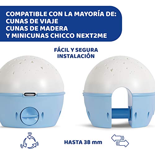 Chicco Next2Stars Luz de Noche Bebé con Peluche - Proyector con Luz de Estrellas para Cunas y Colechos, con Sensor de Sonido, 3 Efectos de Luz y Música 0+ Meses, Azul