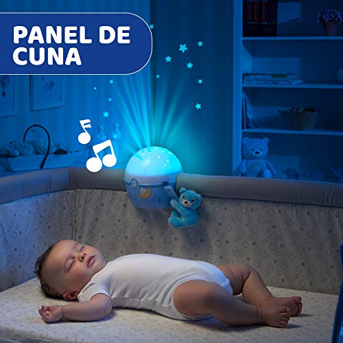 Chicco Next2Stars Luz de Noche Bebé con Peluche - Proyector con Luz de Estrellas para Cunas y Colechos, con Sensor de Sonido, 3 Efectos de Luz y Música 0+ Meses, Azul