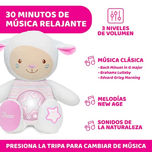 Chicco Oveja Dulces Nanas, Proyector de Luces con Música Relajante, Luz de Noche, Grabación de Voz y Sensor de Sueño – Peluche para Bebés Recién Nacidos, Color Rosa