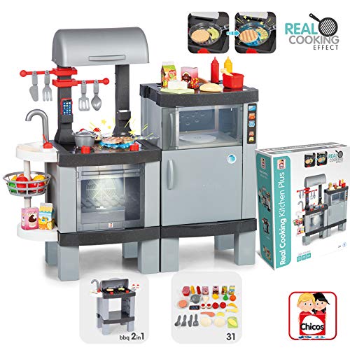 Chicos Cooking Plus 2en1 Barbacoa Infantil con Efecto de Cocina Real: Los Alimentos cambian de Color Cuando se cocinan en el fogón LED. Incluye 31 Accesorios. (FJNinco 85110)