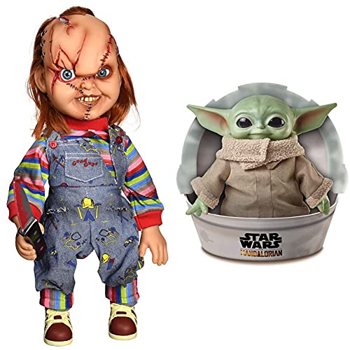 Child's Play Figura Chucky El Muñeco Diabolico 38cm con Voz + Star Wars Star Wars Baby Yoda El niño de la Serie The Mandalorian, Figura Peluche de 28 cm (Mattel GWD85)