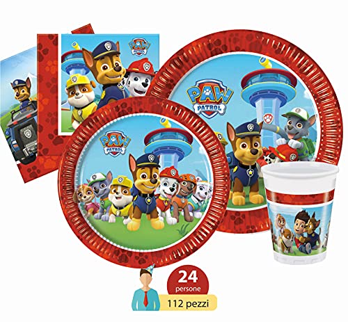 Ciao- Kit Mesa Fiesta Party Patrulla Canina Paw Patrol Let's Roll para 24 personas (112 piezas: 24 platos de papel Ø23cm, 24 platos de papel Ø20cm, 24 vasos 200ml, 40 servilletas de papel), Y4625