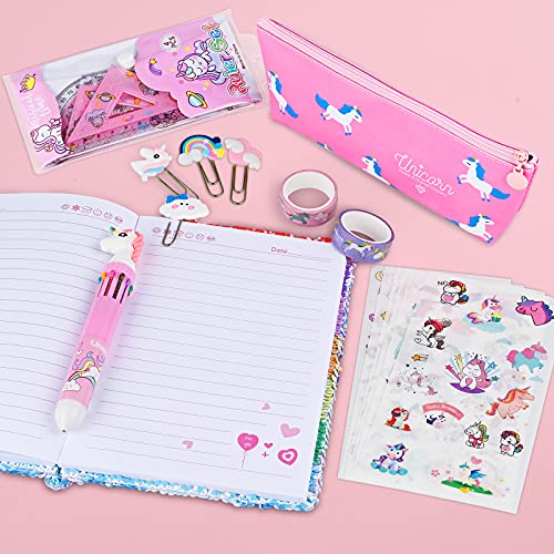 Cieex Regalos de Unicornio para Niñas Set de Papelería Unicornio Cuaderno, Estuche Escolar, Bolígrafo, Pegatinas, Cinta Washi, Marcador de Libro, Conjunto de geometría, para Niñas 4 5 6 7 8 9 10 años