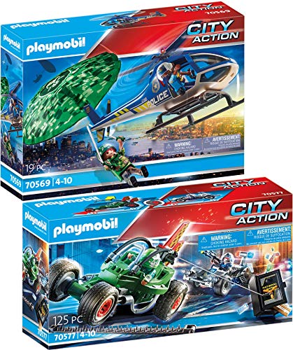 City Action PLAYMOBIL Juego de 2 Piezas 70569 70577 Helicóptero de Policía: persecución en paracaídas + Kart Policial: persecución ladrón de Caja Fuerte