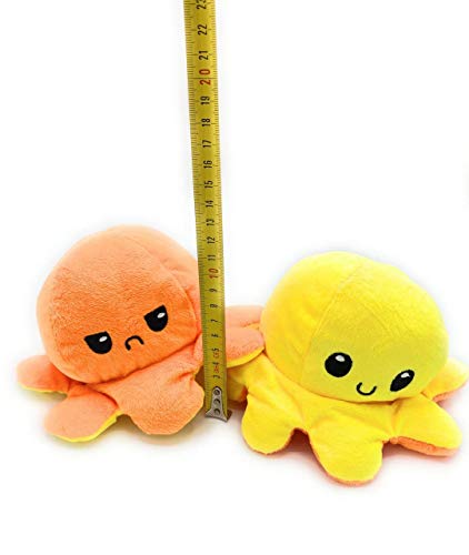 CLEMARS Peluche de Felpa Pulpo Reversible, Pulpo de Doble Cara, una Cara Sonriente y la Otra Cara Triste, para Expresar Tus propias emociones. (Amarillo Naranja)