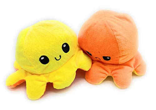 CLEMARS Peluche de Felpa Pulpo Reversible, Pulpo de Doble Cara, una Cara Sonriente y la Otra Cara Triste, para Expresar Tus propias emociones. (Amarillo Naranja)