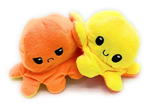 CLEMARS Peluche de Felpa Pulpo Reversible, Pulpo de Doble Cara, una Cara Sonriente y la Otra Cara Triste, para Expresar Tus propias emociones. (Amarillo Naranja)