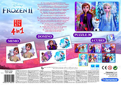 Clementoni-18059 - Edukit 4 en 1 - Frozen 2 - juego educativo con memo, puzzle, cubos con dibujos y dominó a partir de 3 años