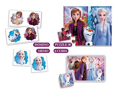 Clementoni-18059 - Edukit 4 en 1 - Frozen 2 - juego educativo con memo, puzzle, cubos con dibujos y dominó a partir de 3 años