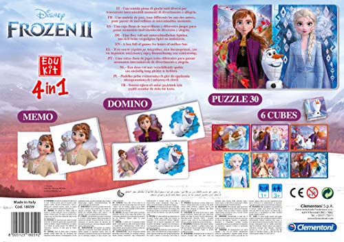 Clementoni-18059 - Edukit 4 en 1 - Frozen 2 - juego educativo con memo, puzzle, cubos con dibujos y dominó a partir de 3 años