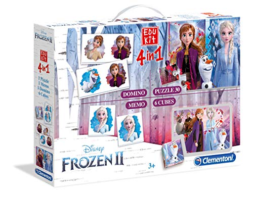 Clementoni-18059 - Edukit 4 en 1 - Frozen 2 - juego educativo con memo, puzzle, cubos con dibujos y dominó a partir de 3 años