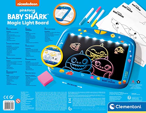 Clementoni-18617 - Baby Shark - Pizarra mágica con luz - pizarra infantil con luz a partir de 4 años